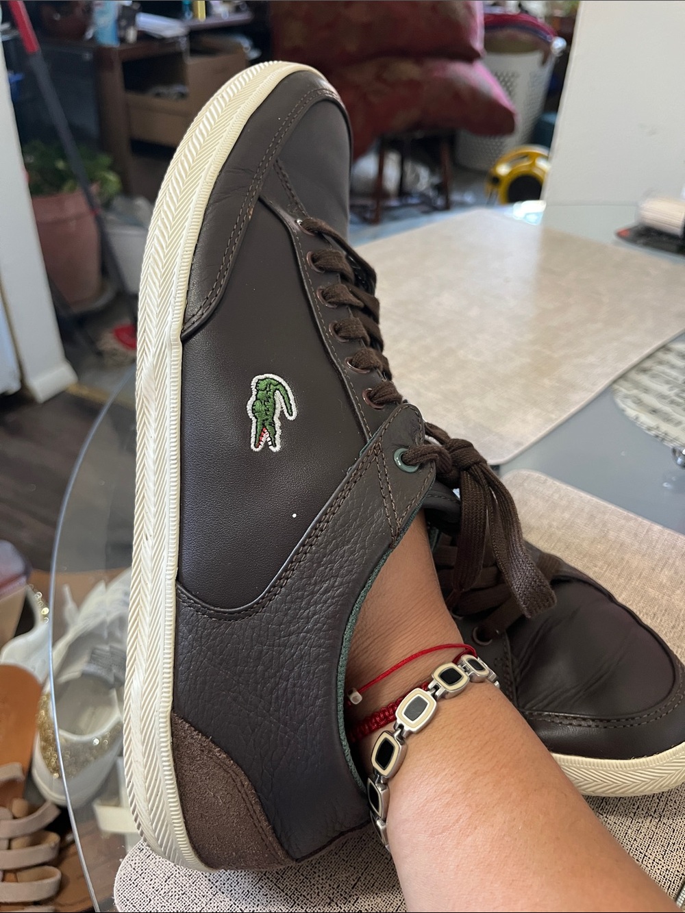 Lacoste Dark Brown Leather Low-Top Sneakers with Green Crocodile Patch